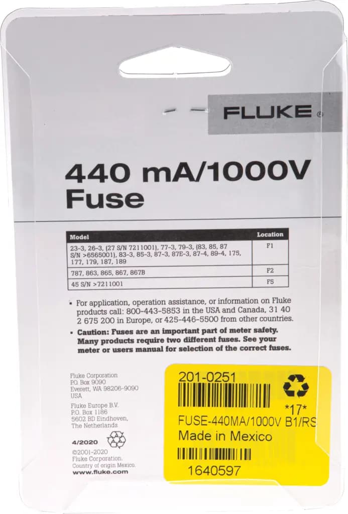 FUSE-440MA/1000V B1 Предохранитель мультиметра Fluke, 440 мА, 1000 В, 10,3 мм 35 мм