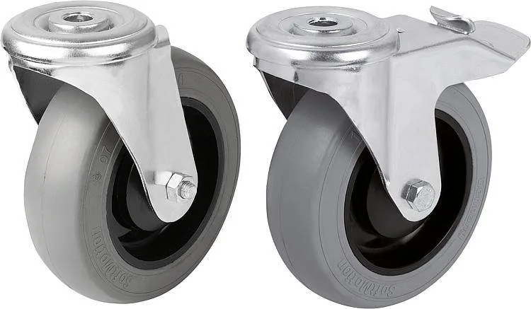 Norelem 95026-01 Steel plate swivel castors with soft rubber tyres and bolt hole